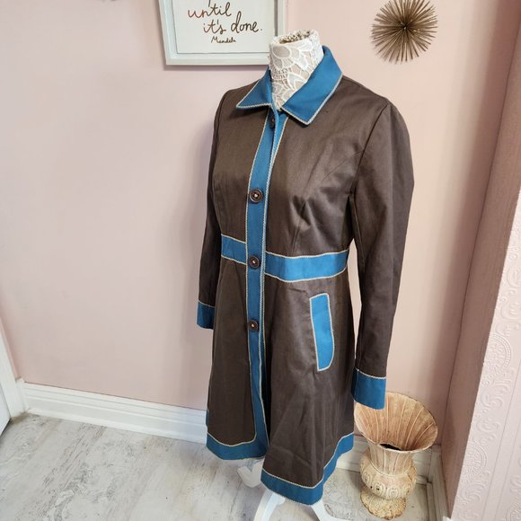 SOLDBODEN Colorblock turquoise, brown long jacket NWOT 12 Cotton - Picture 6 of 8